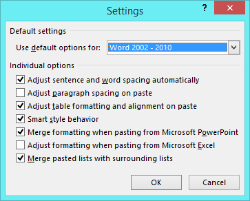 the Smart copy and paste Settings dialog