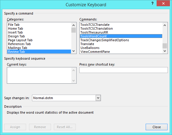 Word Customize Keyboard dialog