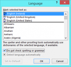 The Language dialog in Word