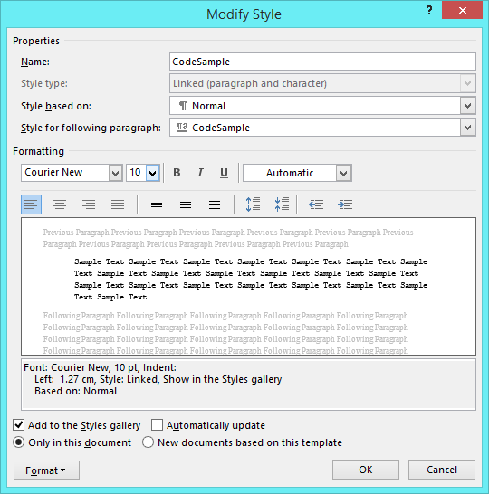 The Modify Style dialog in Word