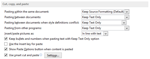 Word's Cut, Copy, and Paste options